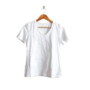 Bass Cotton T-Shirt V-Neck White Floral Applique Women's M Short Sleeved